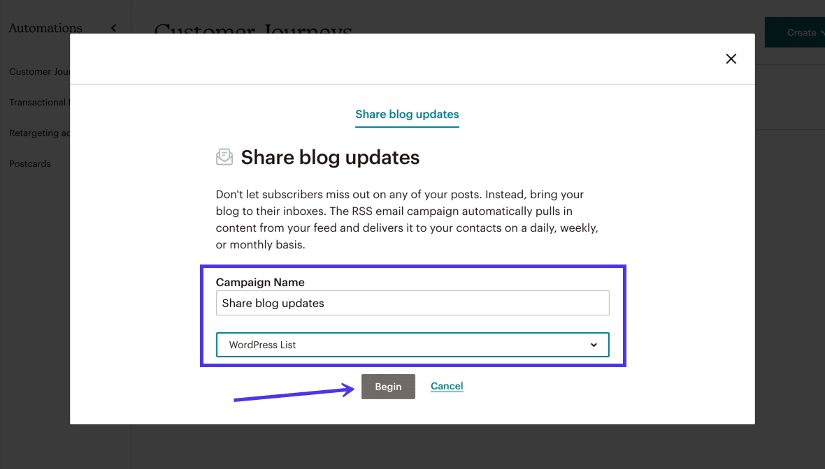 Gib einen "Kampagnennamen" ein und markiere, welche "Mailchimp-Liste" die Blog-Updates erhalten soll