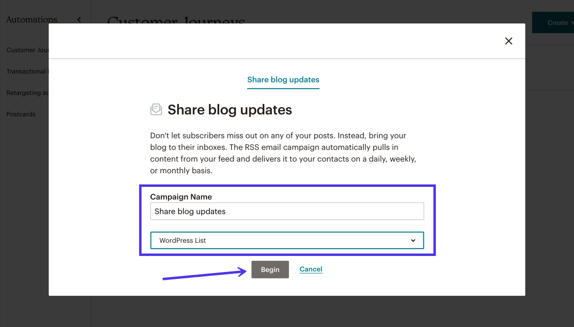 Haz un "Nombre de campaña" y marca qué "Lista de Mailchimp" debe recibir las actualizaciones del blog