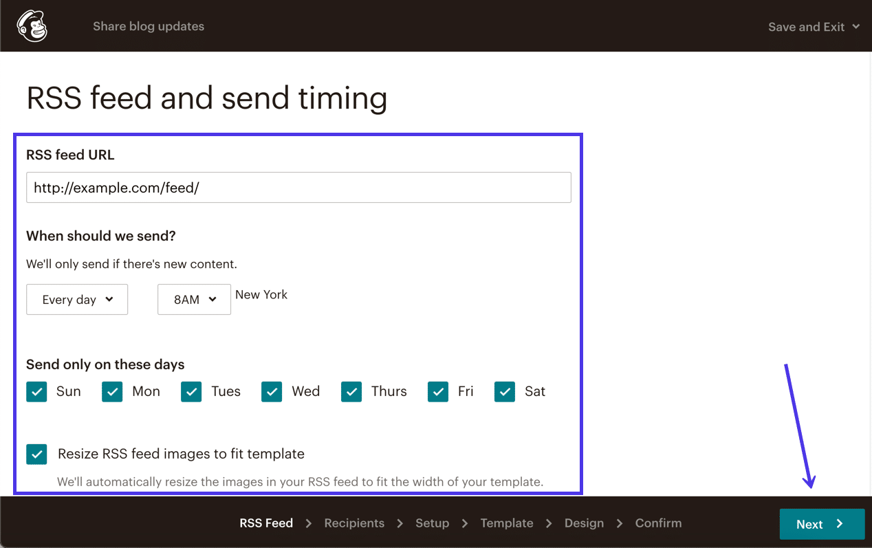 Pega la "URL del canal RSS" y añade la configuración de tiempo de envío que desees