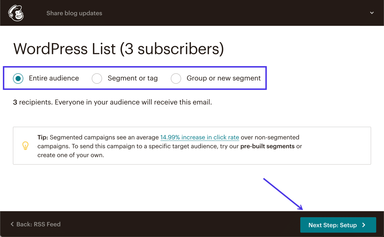 Elige el "Público completo" o un "Segmento" o "Grupo" específico de ese Público