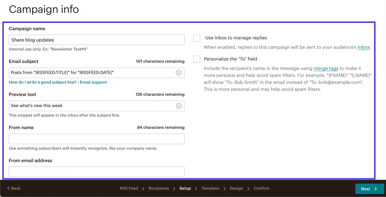 Pasa por la página "Información de la Campaña" para configurar ajustes como el "Nombre de la Campaña", el "Asunto del Correo Electrónico" y más