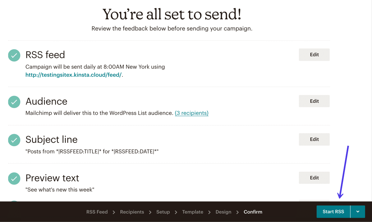 Überprüfe, ob bei Mailchimp alles in Ordnung ist, und klicke dann auf die Schaltfläche "RSS starten"