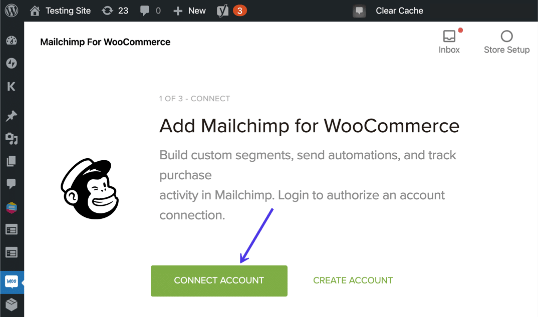 Bacheca di Mailchimp for WooCommerce con il setup wizard per la configurazione