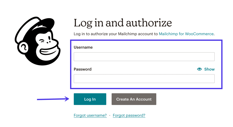 Schermata di Mailchimp Log in and authorize