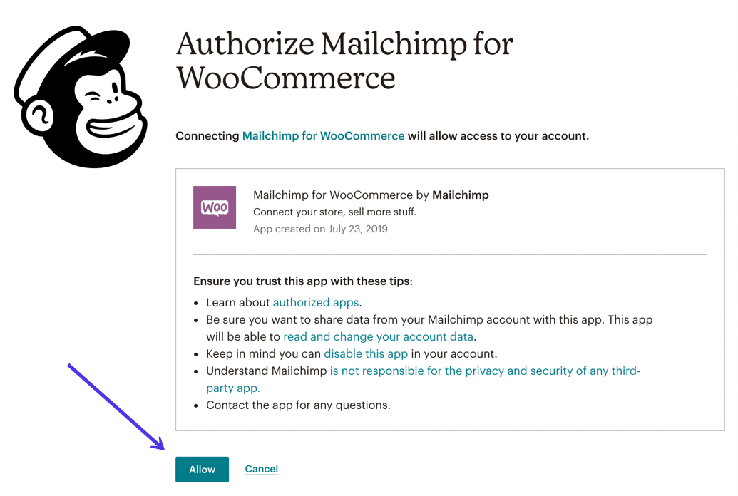Notifica di approvazione di Mailchimp for WooCommerce prima di procedere con la connessione dell’account