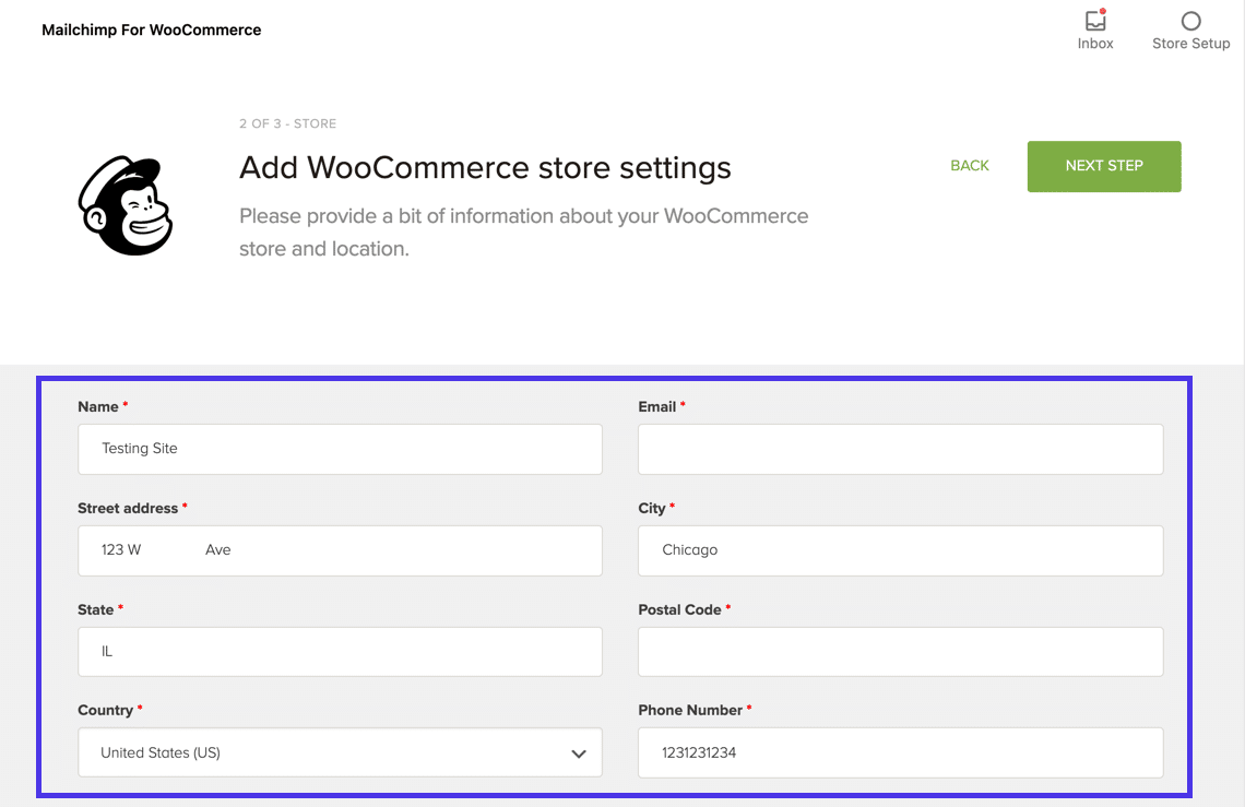 Schermata di Mailchimp for WooCommerce con i campi da compilare