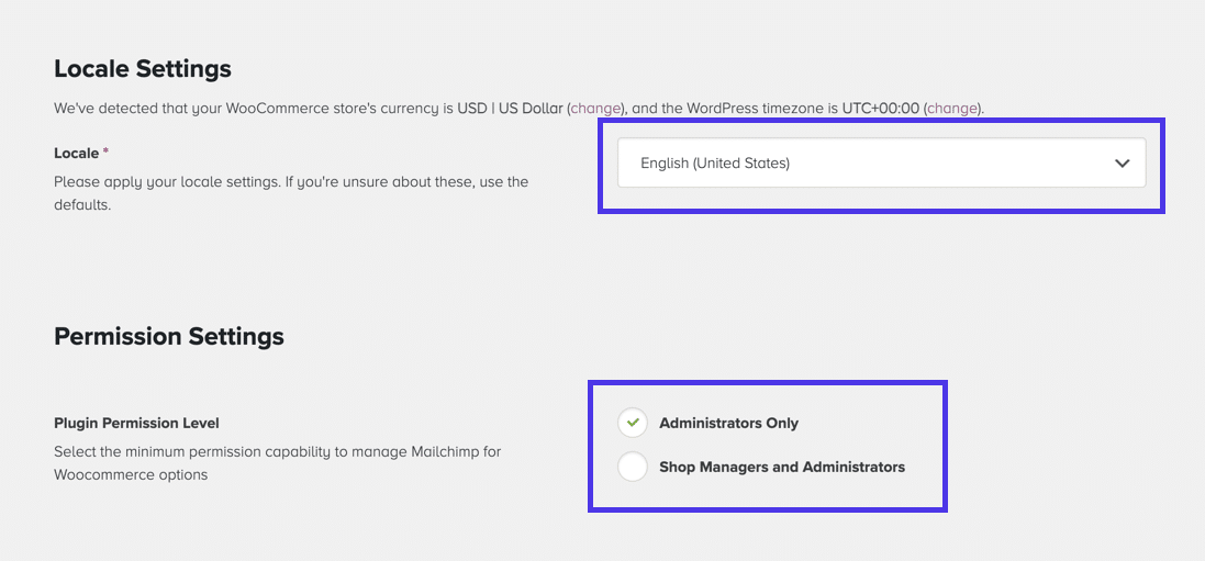 Impostazioni e permessi in Mailchimp for WooCommerce