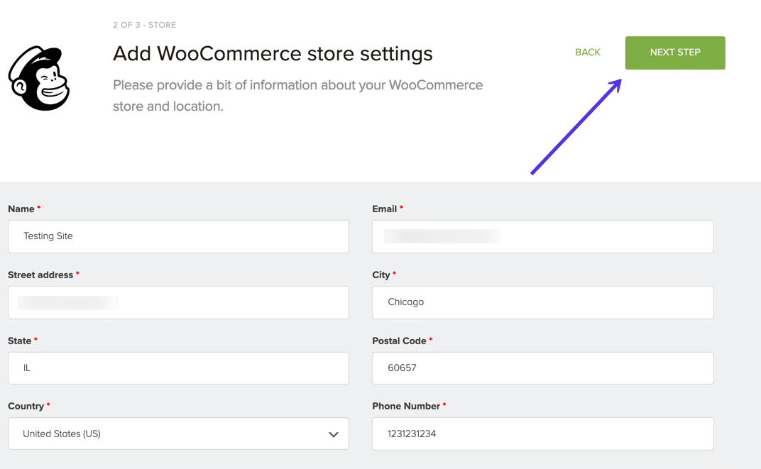 Pulsante Next Step nelle impostazioni di Mailchimp for WooCommerce