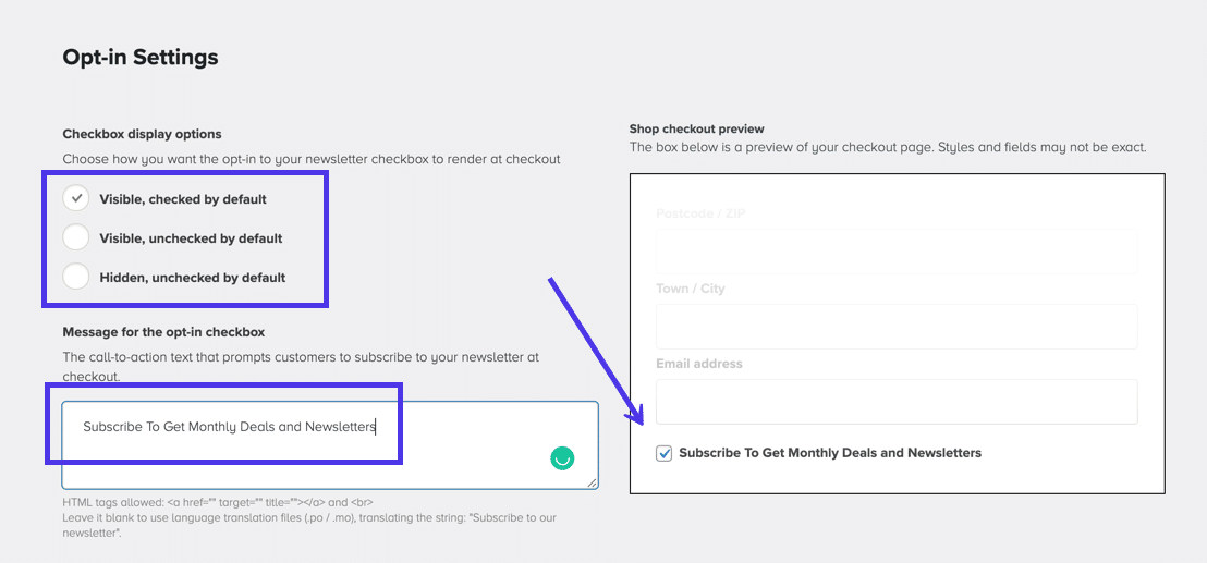 Unter "Opt-in-Einstellungen" änderst du das Aussehen der Opt-in-Box auf der Checkout-Seite