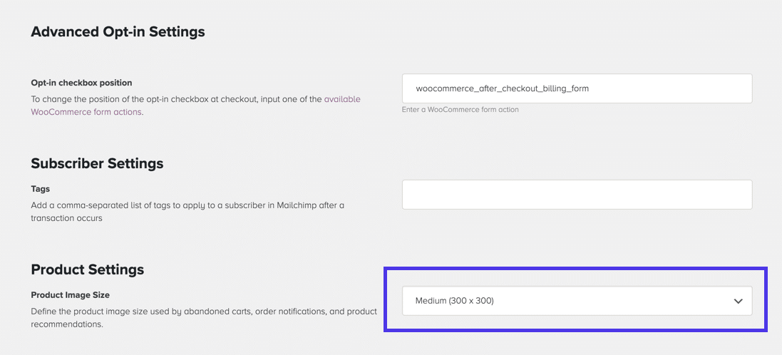 Schermata Advanced Opt-In Settings di Mailchimp for WooCommerce