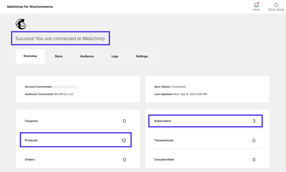 Die Erfolgsseite gibt Auskunft darüber, wie viele Produkte sich in deinem Laden befinden und wie viele Abonnenten in der Mailchimp-Liste sind