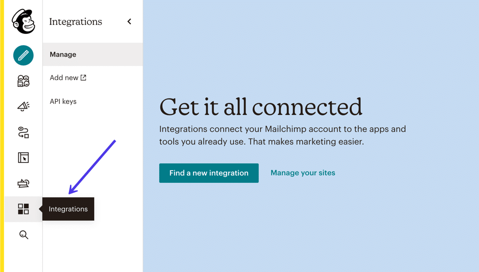 Ga naar de “Integrations” pagina in Mailchimp