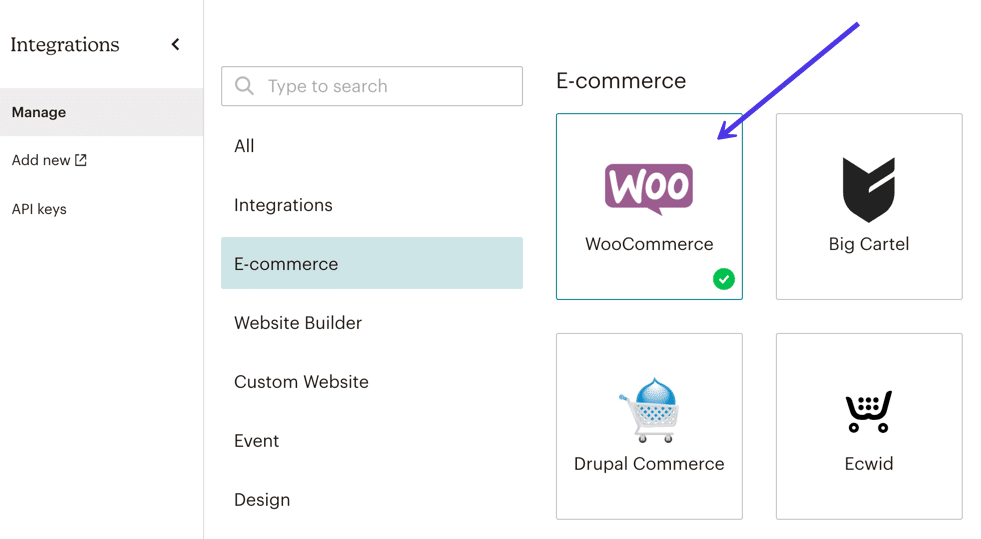 Zoek de "WooCommerce" knop in de “Integrations” bibliotheek 