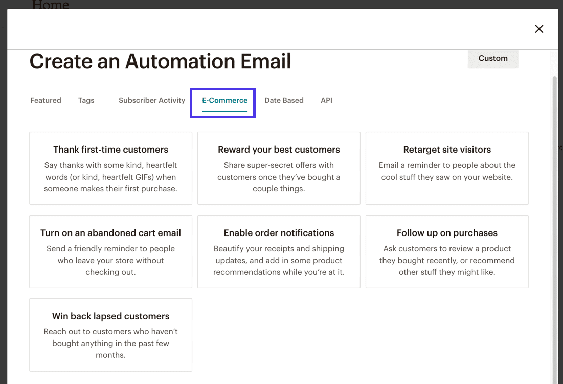 Opzioni per le email di automazione eCommerce in Mailchimp