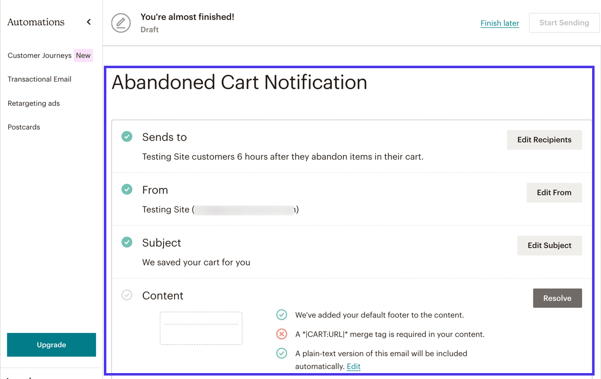 Alle WooCommerce-Automatisierungen über Mailchimp haben ähnliche Einrichtungsseiten, auf denen du Elemente wie den Betreff, die Empfänger und den Inhalt konfigurierst.