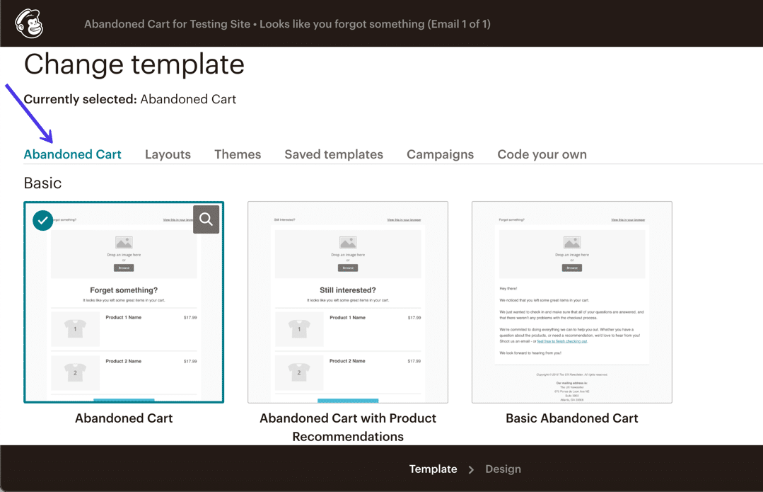 Sezione dei template Mailchimp dedicata al carrello abbandonato (Mailchimp include template specifici per tutte le automazioni di WooCommerce)