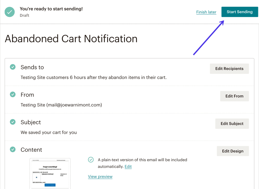 Pulsante Start Sending nella schermata finale di invio di Mailchimp.