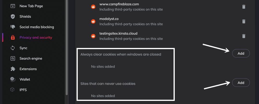 Lege fest, dass einige Webseiten und ihre Cookies immer blockiert werden.