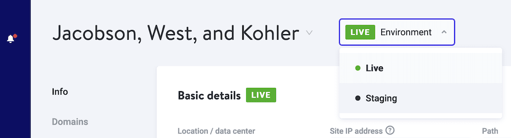 Environment Actions Menu A MyKinsta Sites page, showing a partial Basic details panel, and an open dropdown menu showing Live and Staging options.
