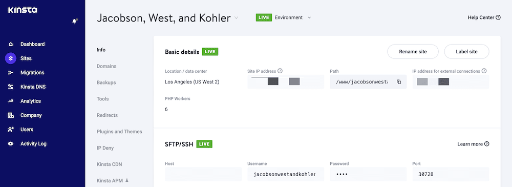 The Sites screen in MyKinsta, showing basic details and SFTP/SSH information for an individual site.