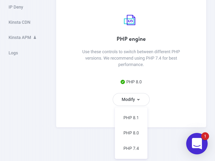 Schermata dell’opzione MyKinsta per cambiare la versione PHP