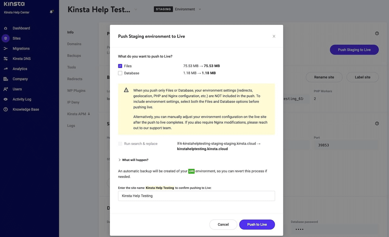 Ein Screenshot des Selective Push-Bildschirms von MyKinsta zeigt die Optionen für eine Webseite, die aus dem Staging live geschaltet werden soll.