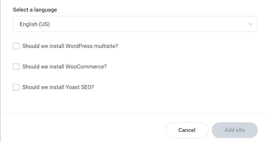 Schermata di installazione di WooCommerce durante il processo di registrazione su MyKinsta: una delle opzioni chiede se si preferisce installare WooCommerce