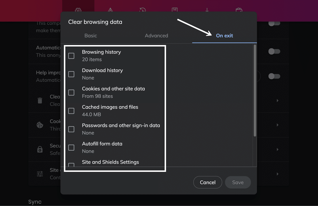 Consider clearing parts of the Brave cache in the On Exit section.