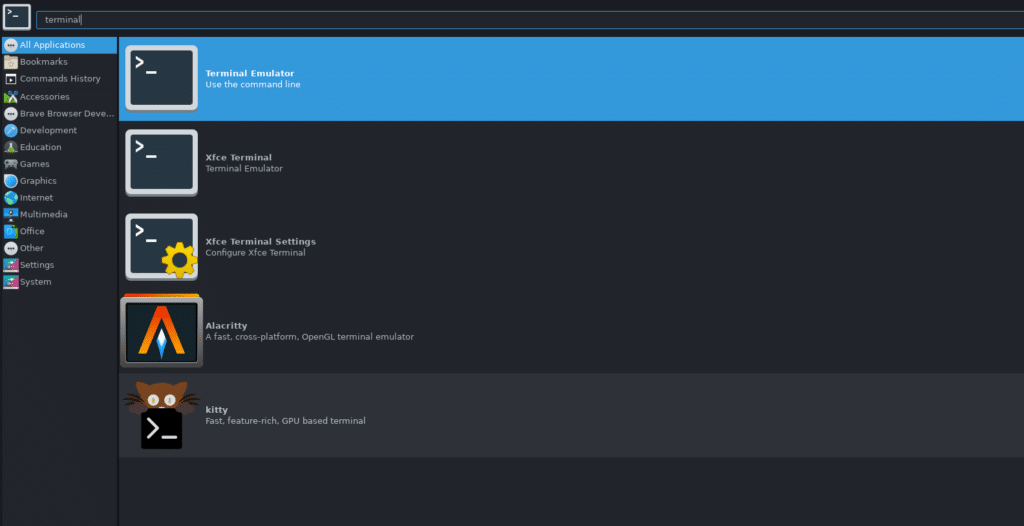 Localizador de aplicativos mostrando diferentes aplicativos de terminal, incluindo "Terminal Emulator", "Alacritty", e "Kitty".