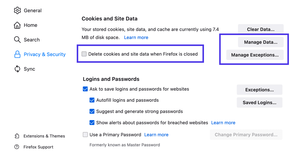 Adskillige kontroller er tilgængelige til at administrere cookies i Firefox.