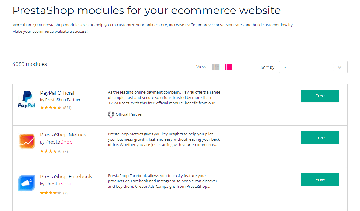 Il database degli add-on di PrestaShop add-ons database