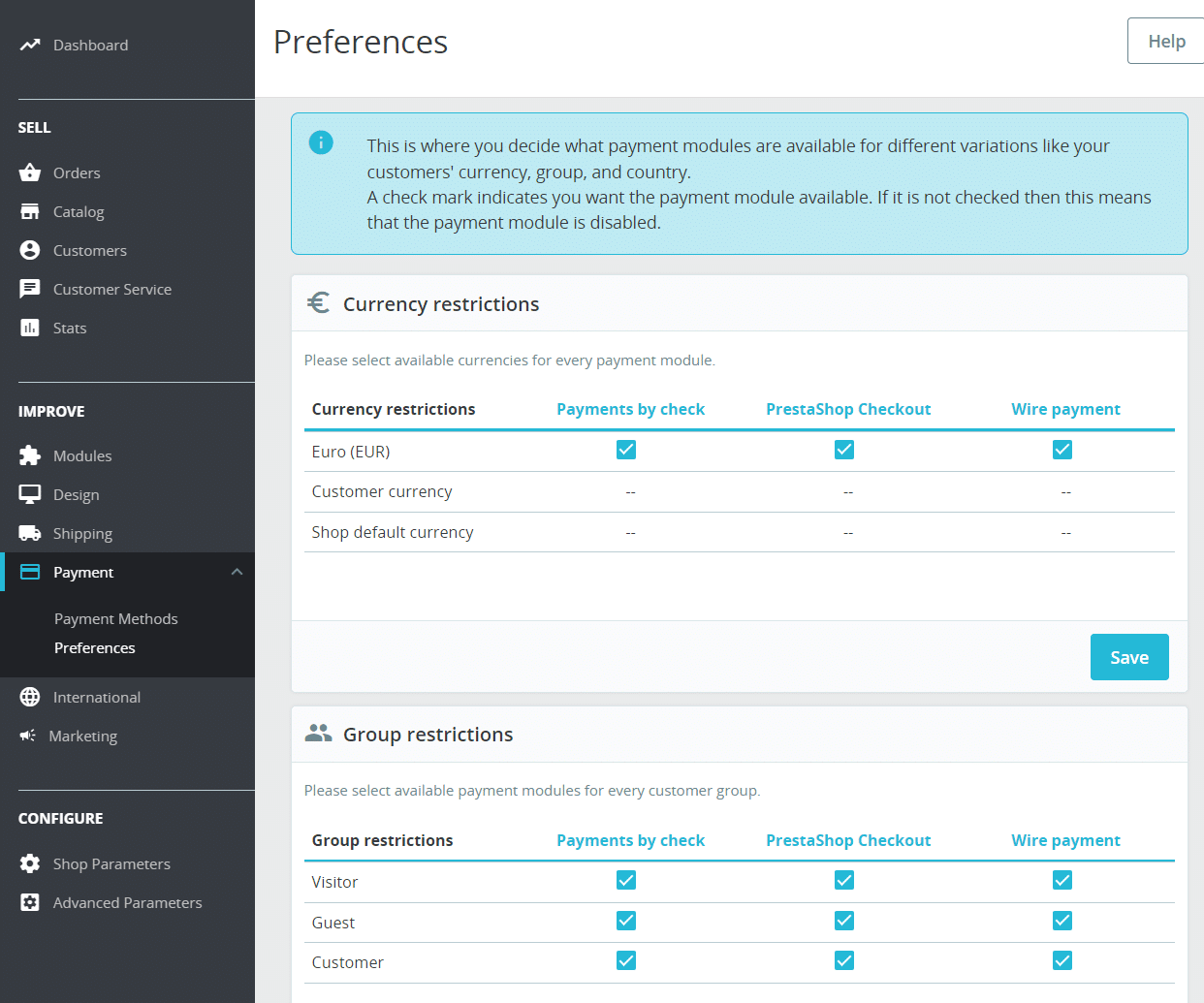 Configuración de las opciones de pago de PrestaShop