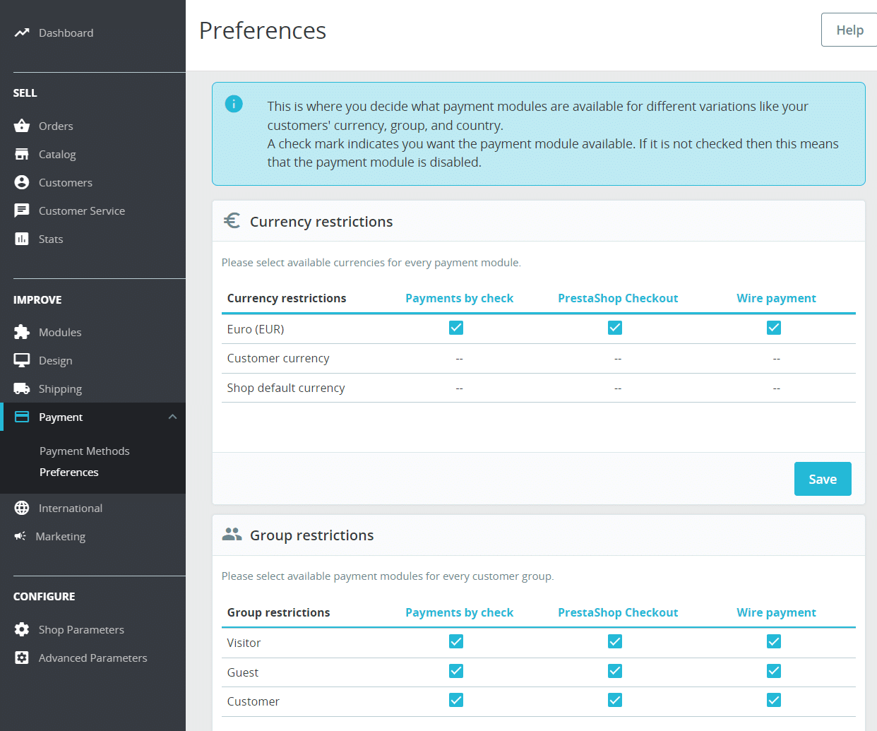 PrestaShop betaalopties configureren.