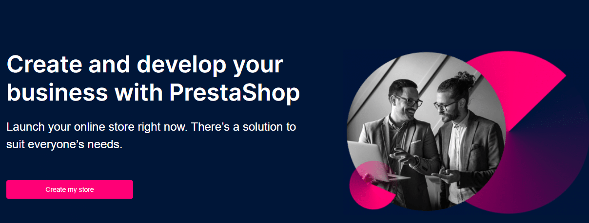 Homepage del sito di PrestaShop con il motto Create and develop your business with Prestashop