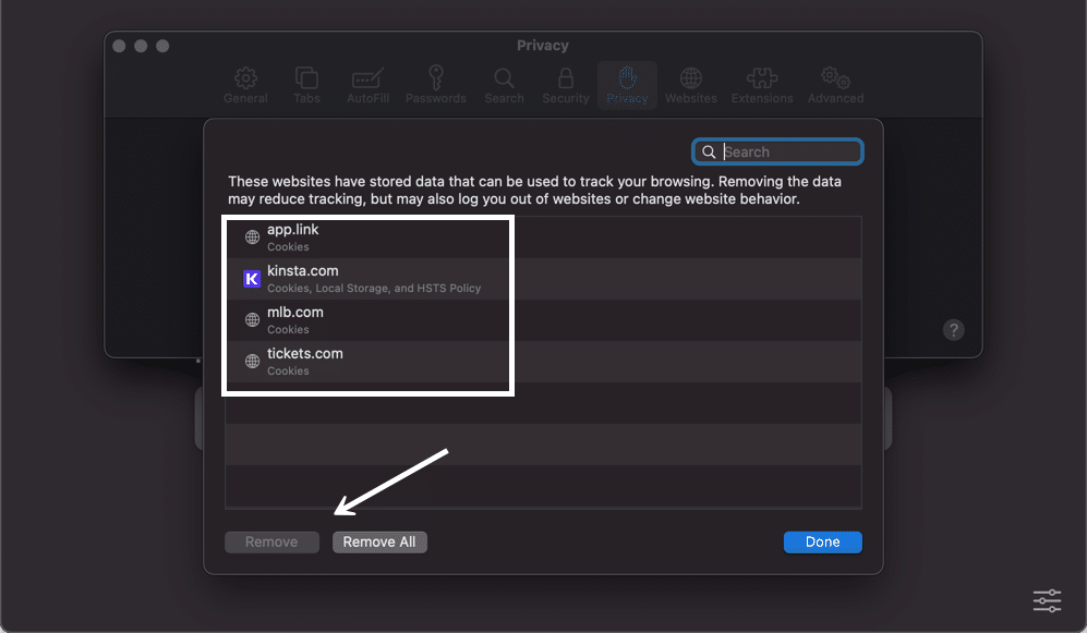 The Manage Website Data module reveals cache data from all the websites you've visited.