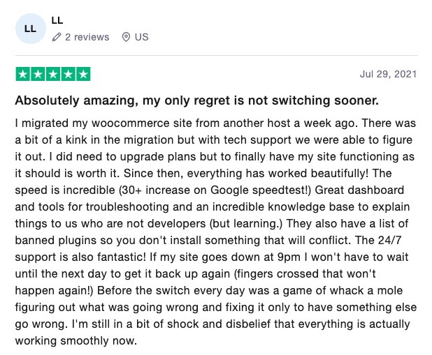 Een online review van LL met de titel "Absoluut geweldig, mijn enige spijt is dat ik niet eerder ben overgestapt."