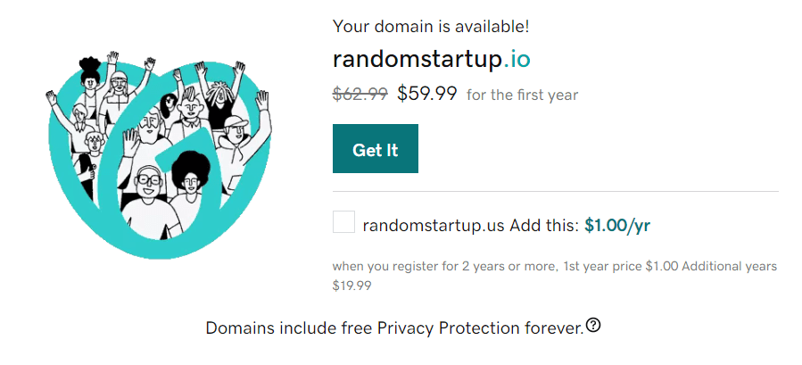 Schermata di un registrar di dominio che per cui il prezzo per registrare il dominio .io per il sito randomstartup è di 59,99 dollari