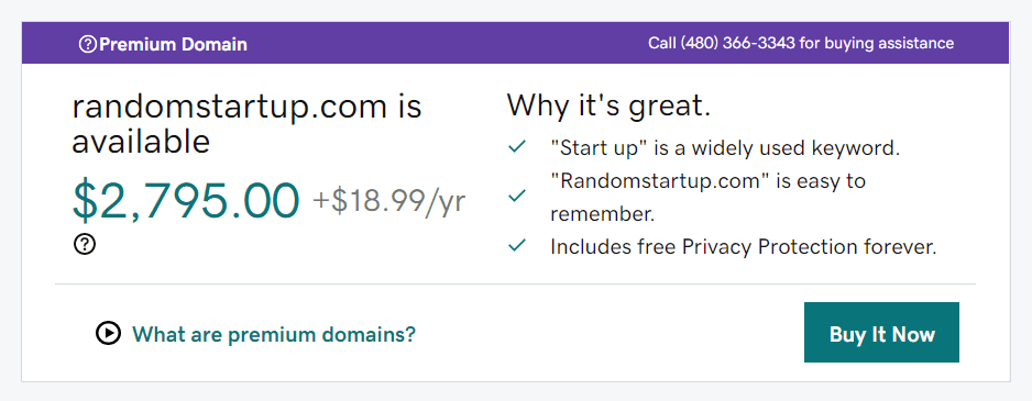 Schermata di un registrar di dominio che per cui il prezzo per registrare il dominio .com per il sito randomstartup è di 2795 dollari