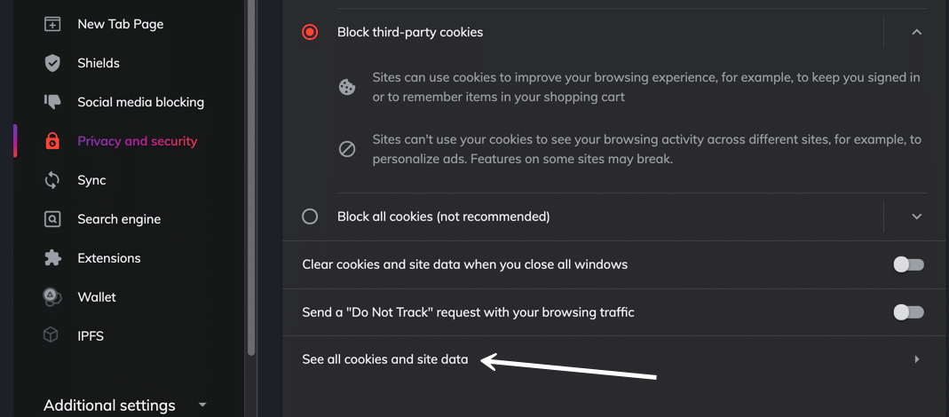 View all of the cookies and site data.