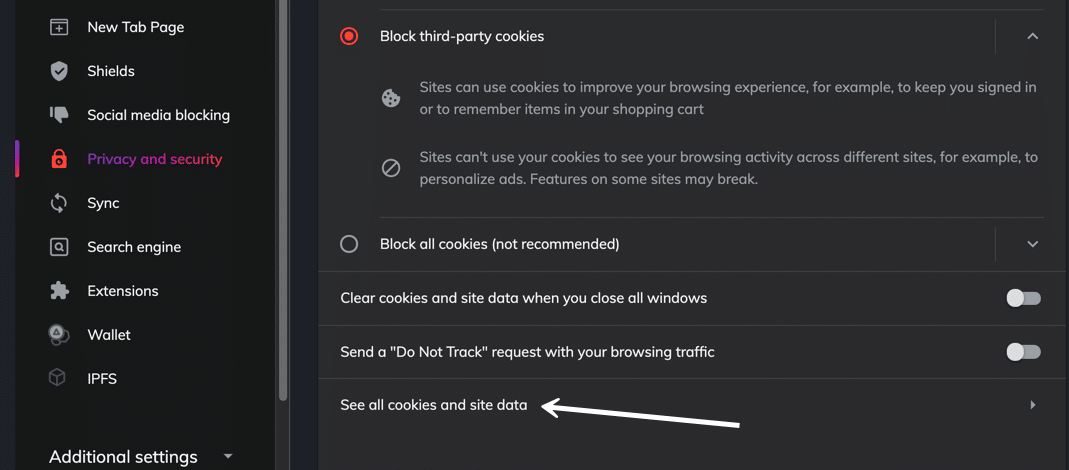 Ver todos os cookies e dados do site.