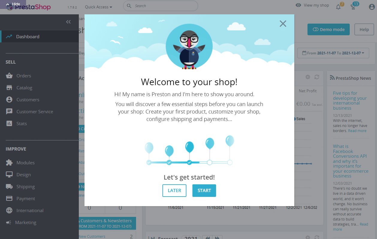 Schermata di benvenuto nella procedura guidata di installazione di PrestaShop