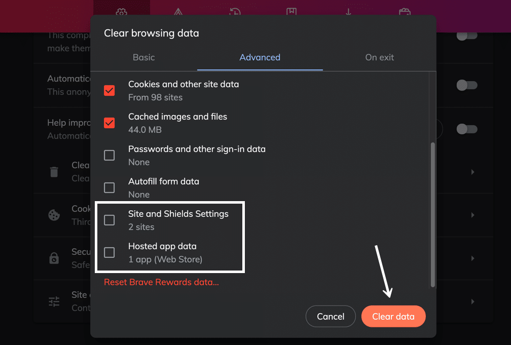 Click on the Clear Data button after choosing your advanced data clearing items