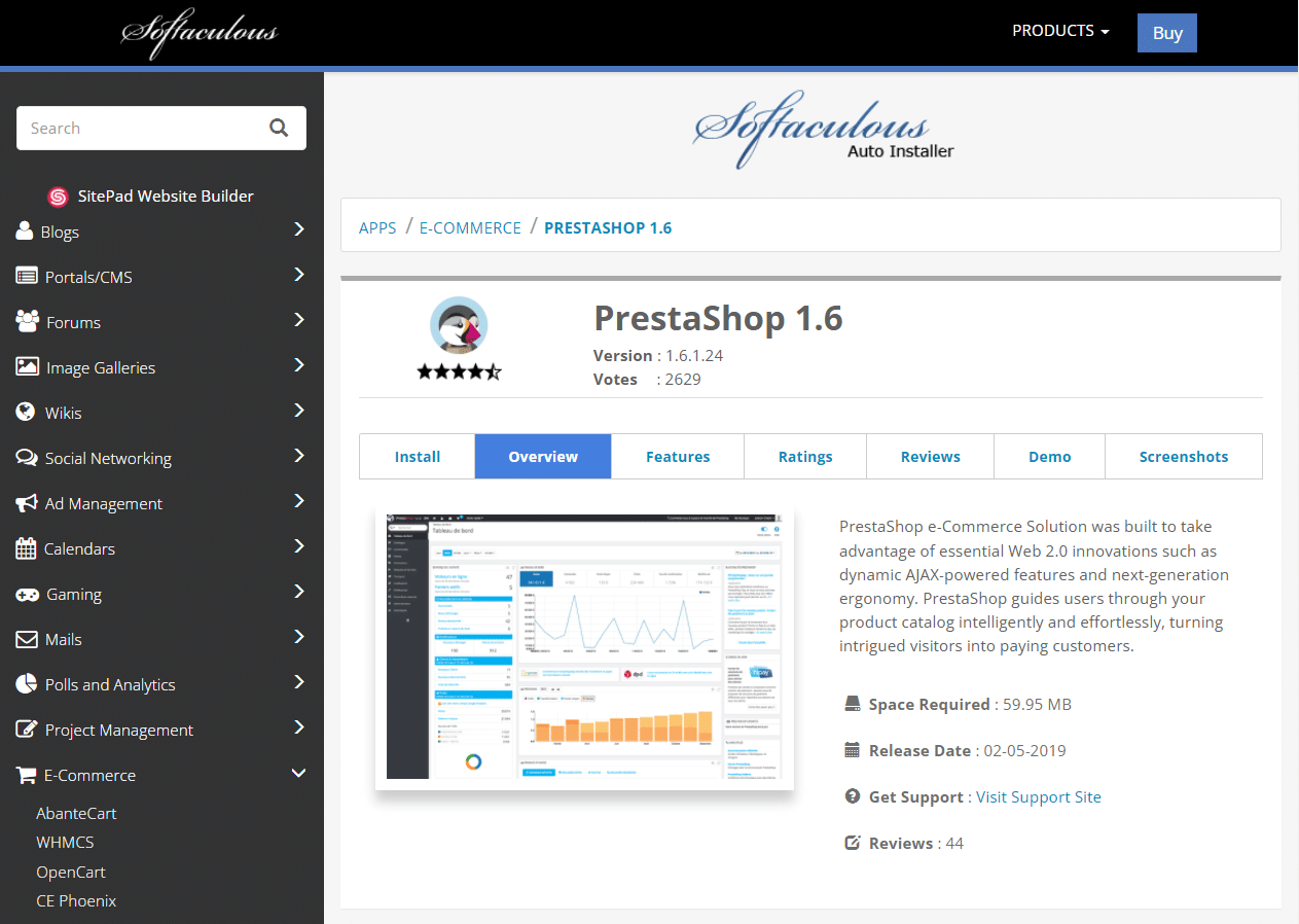Homepage di Softaculous per installare PrestaShop