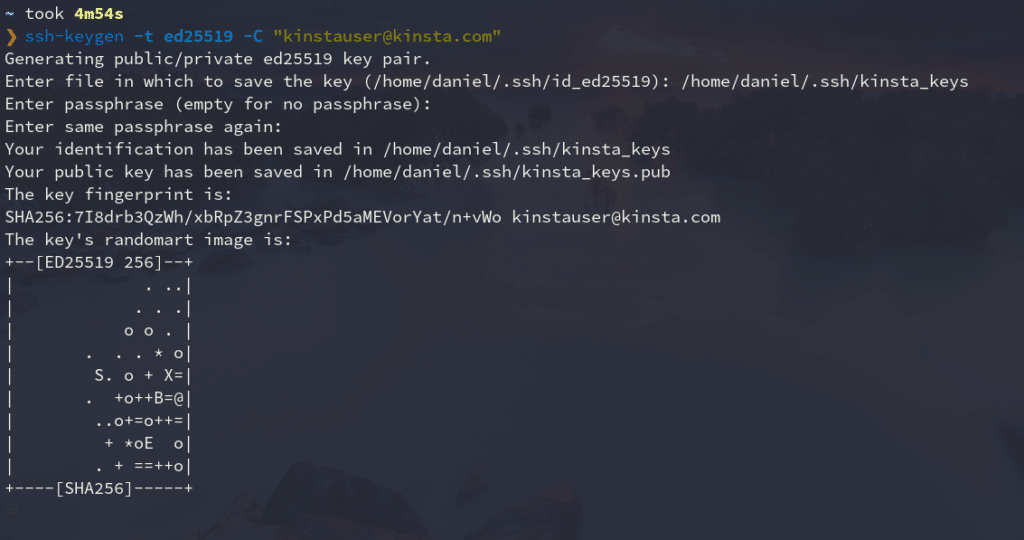 ssh-keygen command with various messages including the file the keys will be saved