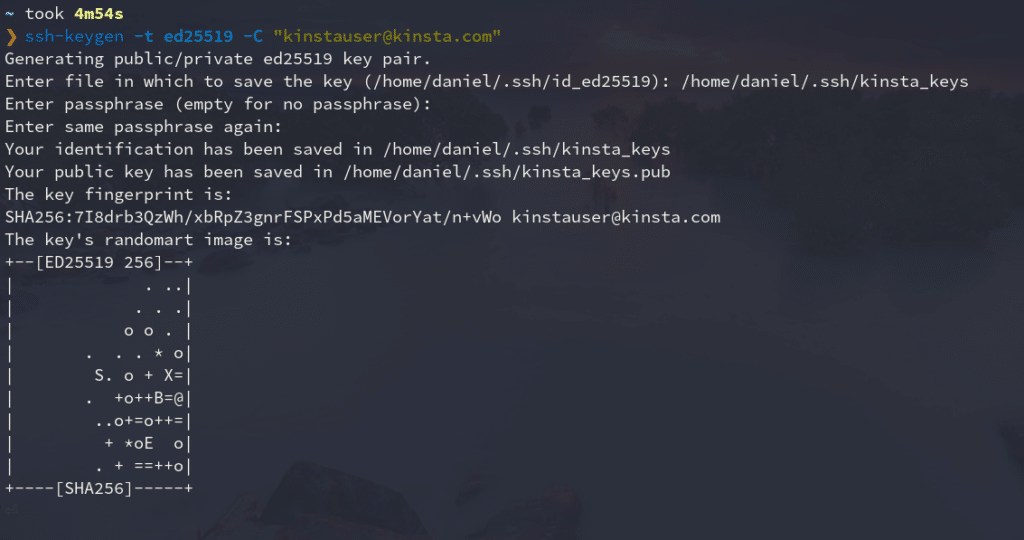 ssh-keygen command with various messages including the file the keys will be saved "/home/daniel/.ssh/kinsta_keys", passphrase input, and the resulting key fingerprint.