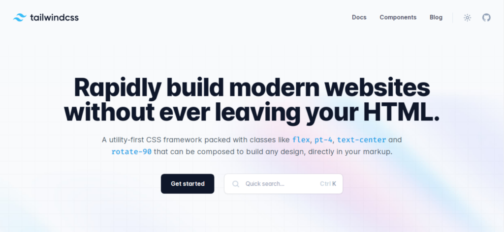 Homepage di Tailwind CSS con il motto Rapidly Build Modern Websites Without Ever Leaving Your HTML