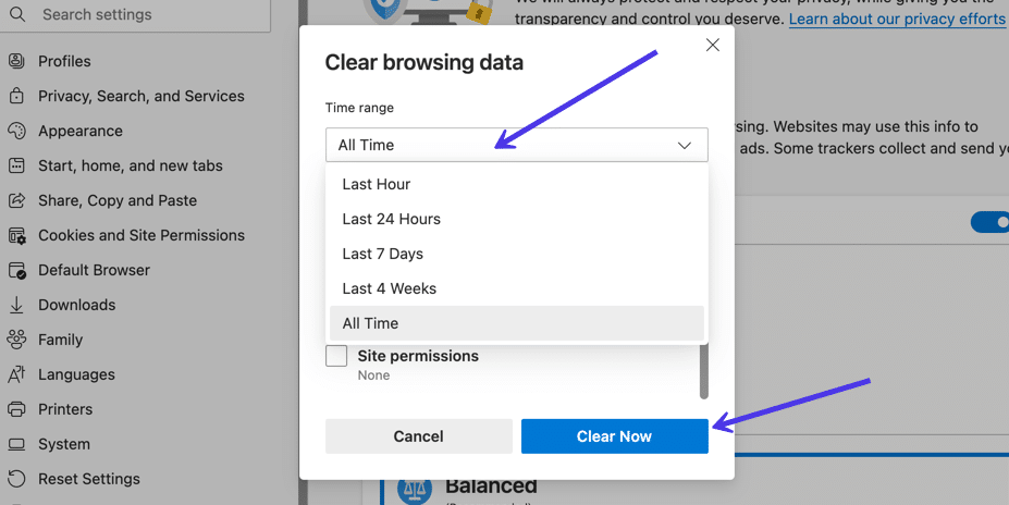 Choose the time range then click Clear Now.