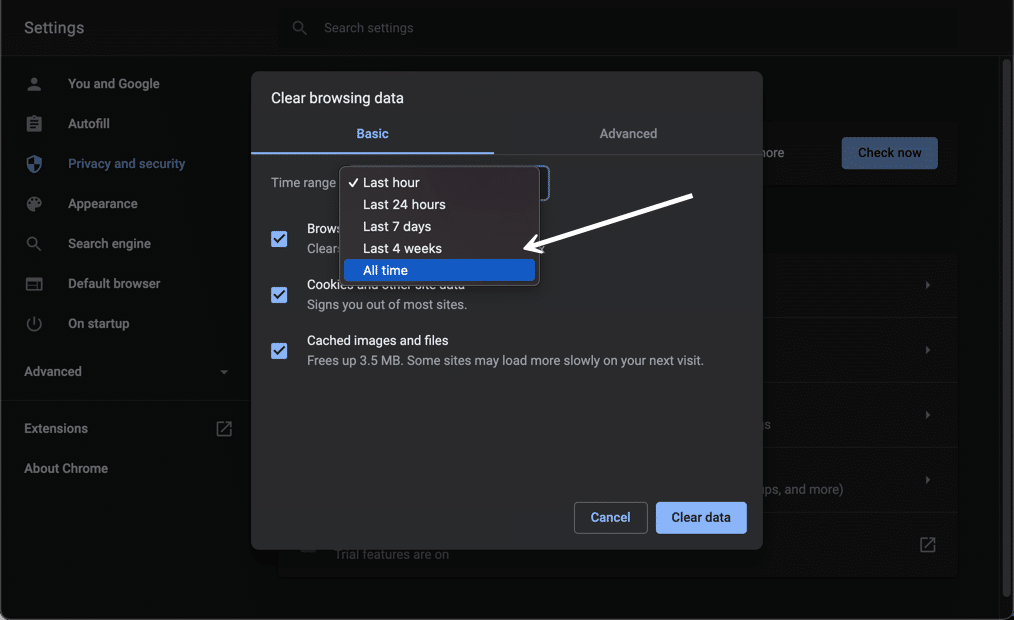 Select a time range for which to clear the browser cache