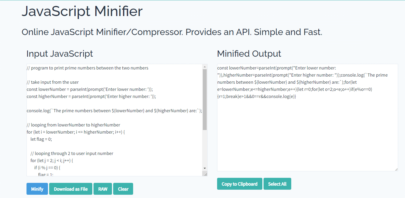 Toptal JavaScript Minifier mentre minifica il codice JavaScript 