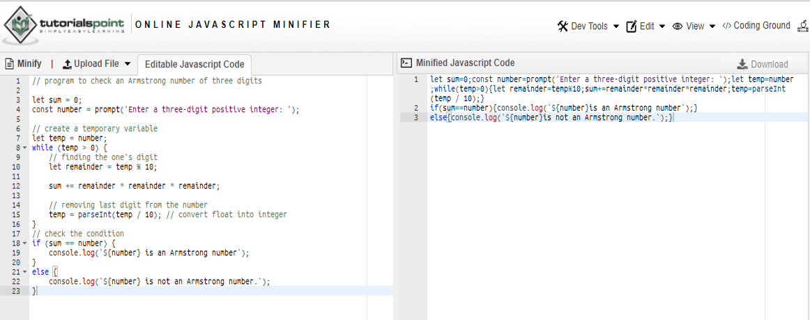 Tutorialspoint JavaScript Minifier mentre minifica il JavaScript